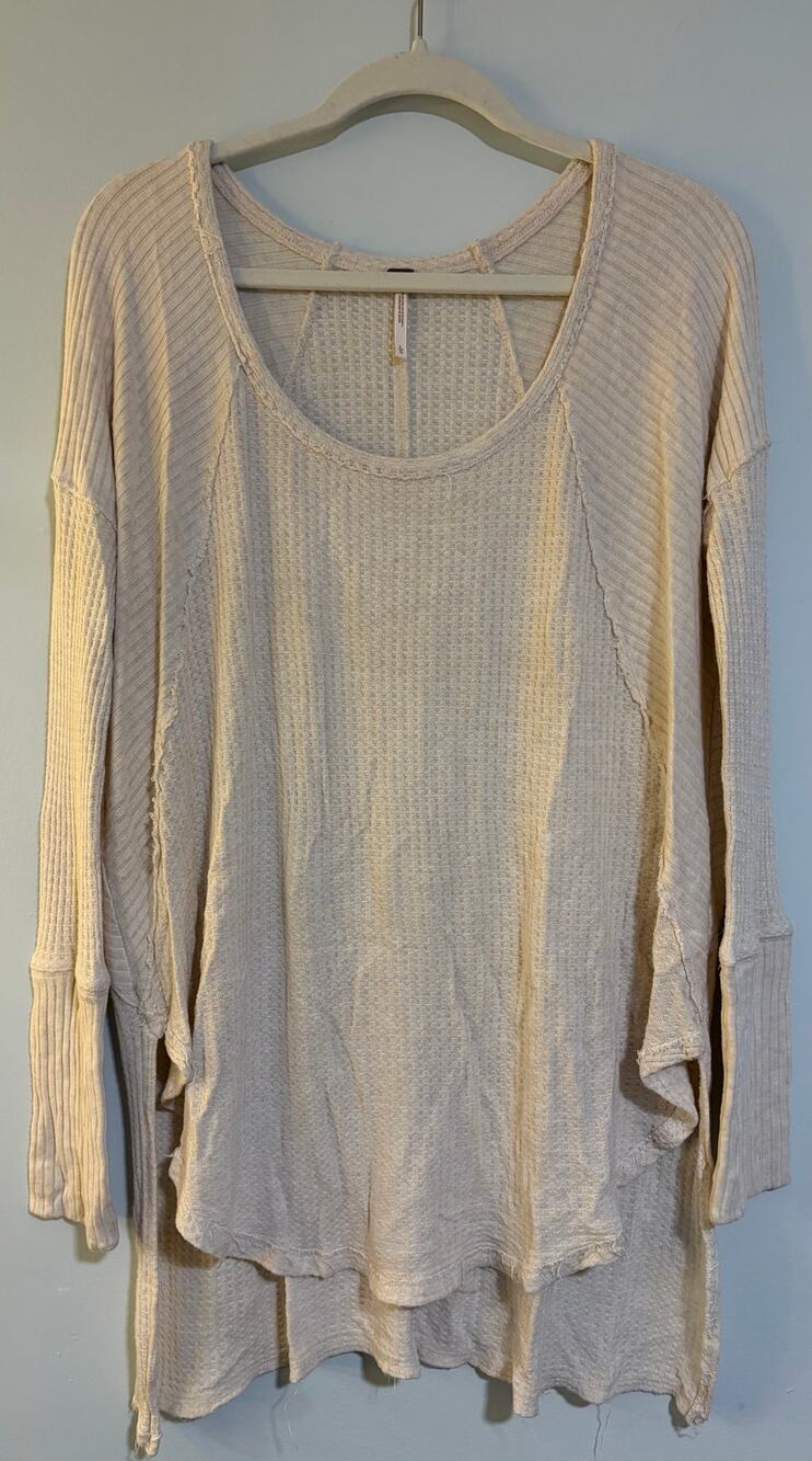 Free People Cream Oversized Thermal Tunic Top Large Raw Seam Slouchy